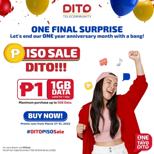 DITO Telecommunity launches the DITO PISO SALE promo from March 27 to March 31.